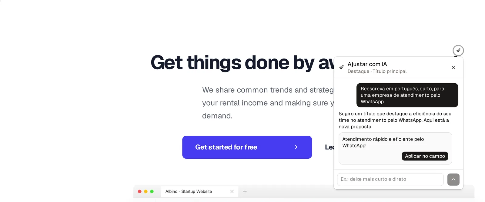 Chat da Steel AI aberto sobre o título de uma landing page, com a sugestão "Atendimento rápido e eficiente pelo WhatsApp!" e o botão Aplicar no campo