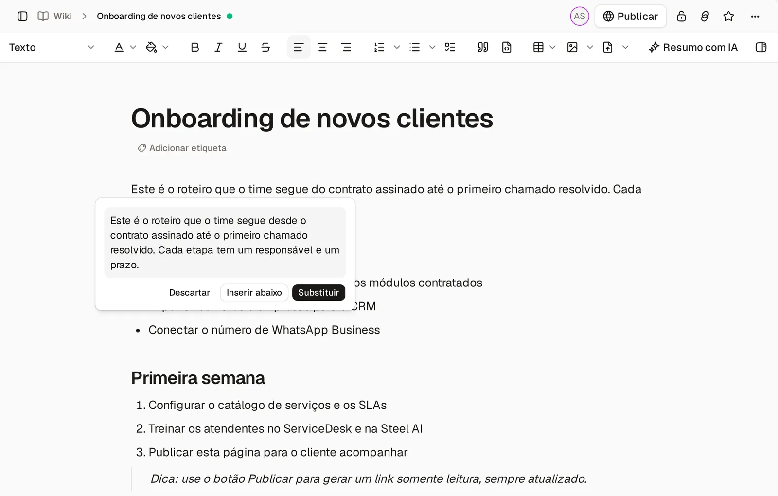 Página da Wiki com a sugestão da Steel AI para um parágrafo e as opções Descartar, Inserir abaixo e Substituir