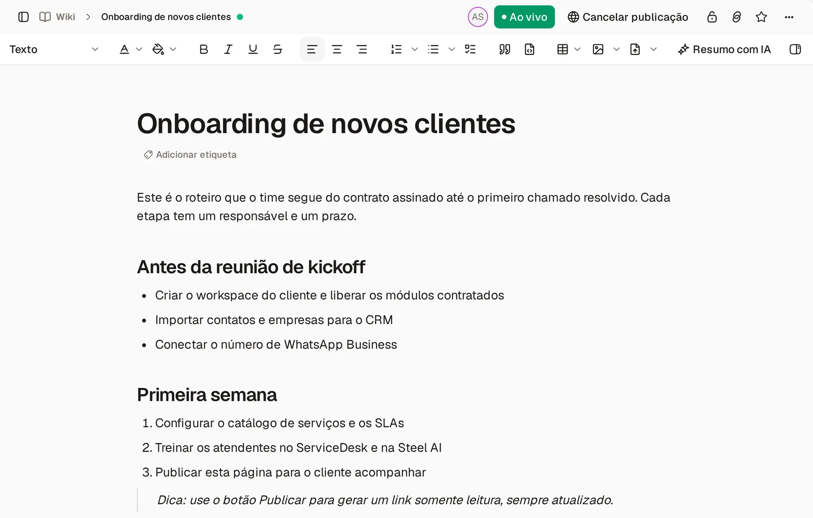 Página da Wiki publicada, com o selo Ao vivo e o botão Cancelar publicação na barra superior
