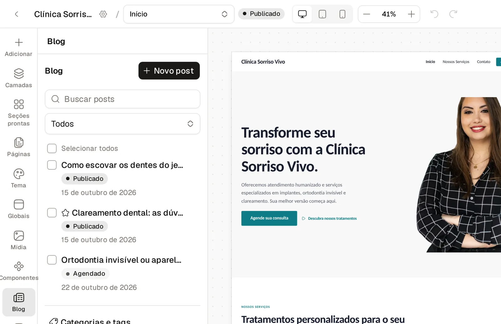 Aba Blog do editor de sites com dois posts publicados e um agendado para 22 de outubro