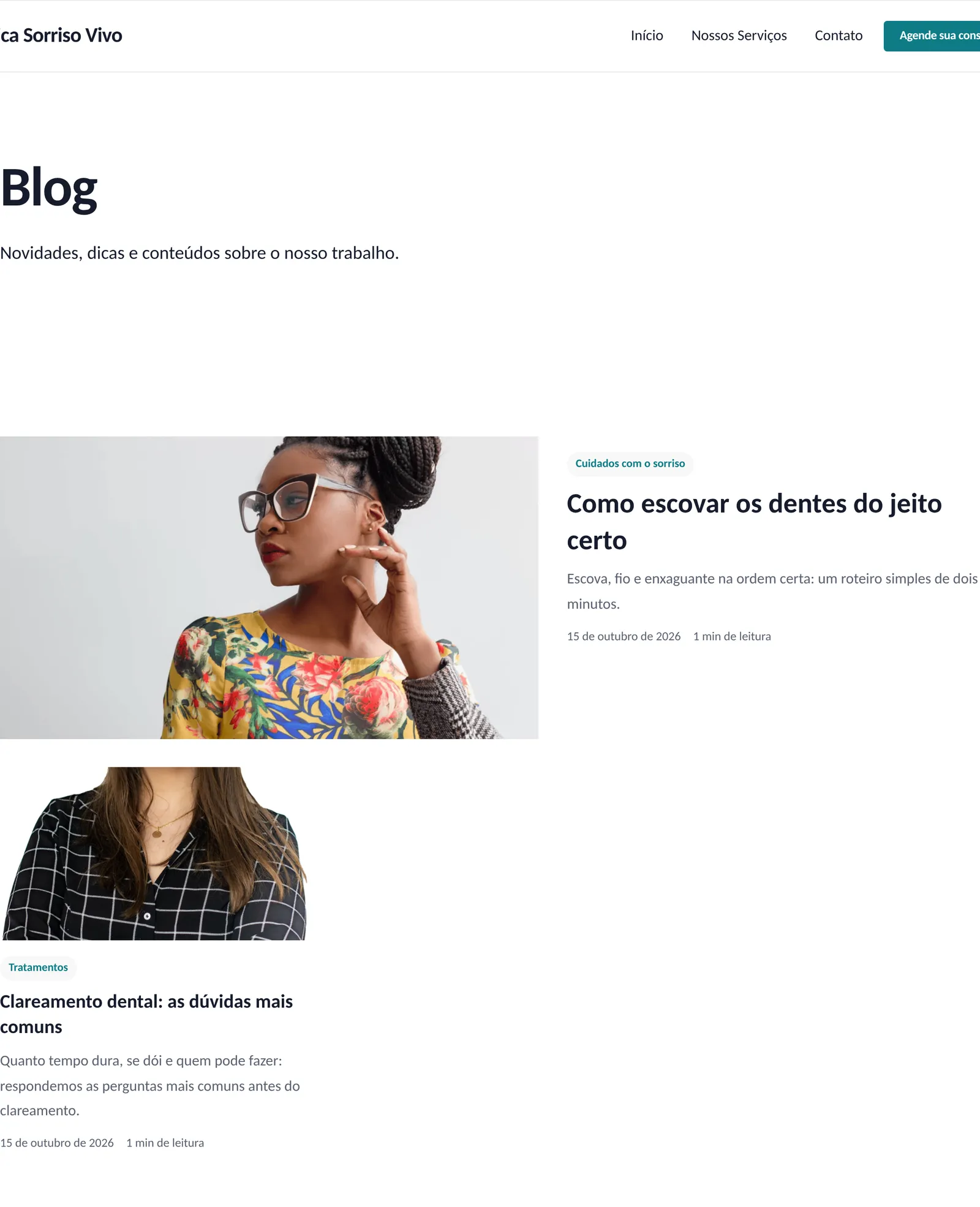 Página pública do blog da Clínica Sorriso Vivo, com os posts, suas categorias e tempo de leitura