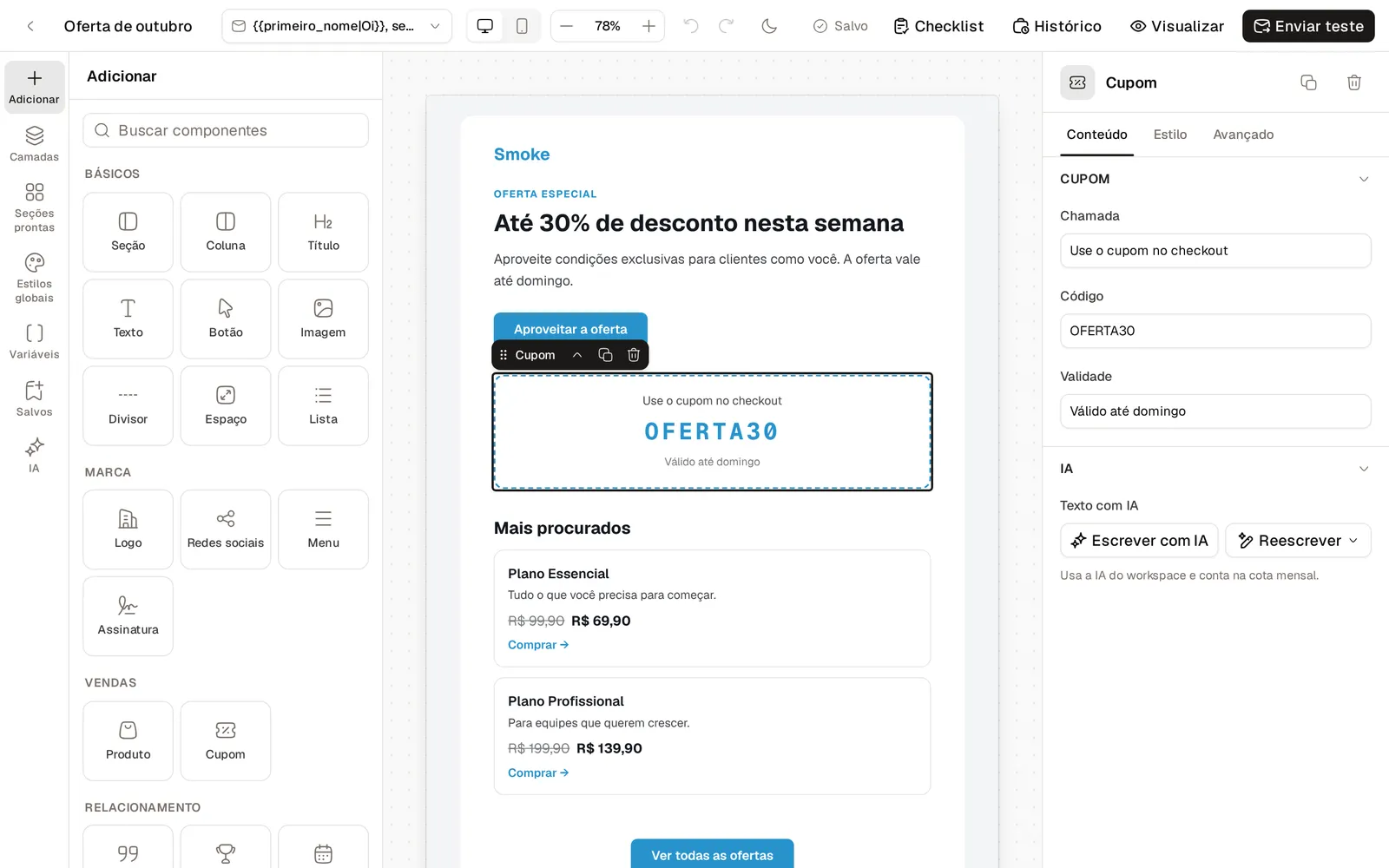 Editor de e-mail com a paleta de blocos, o e-mail de oferta no centro e o bloco de cupom selecionado