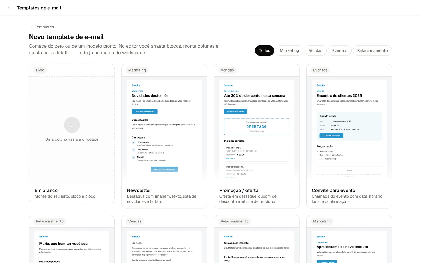 Galeria de modelos de e-mail com filtros por Marketing, Vendas, Eventos e Relacionamento