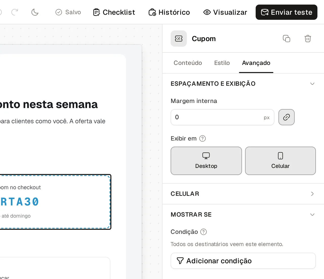 Aba Avançado de um bloco, com Exibir em Desktop e Celular, ajustes de celular e a condição Mostrar se