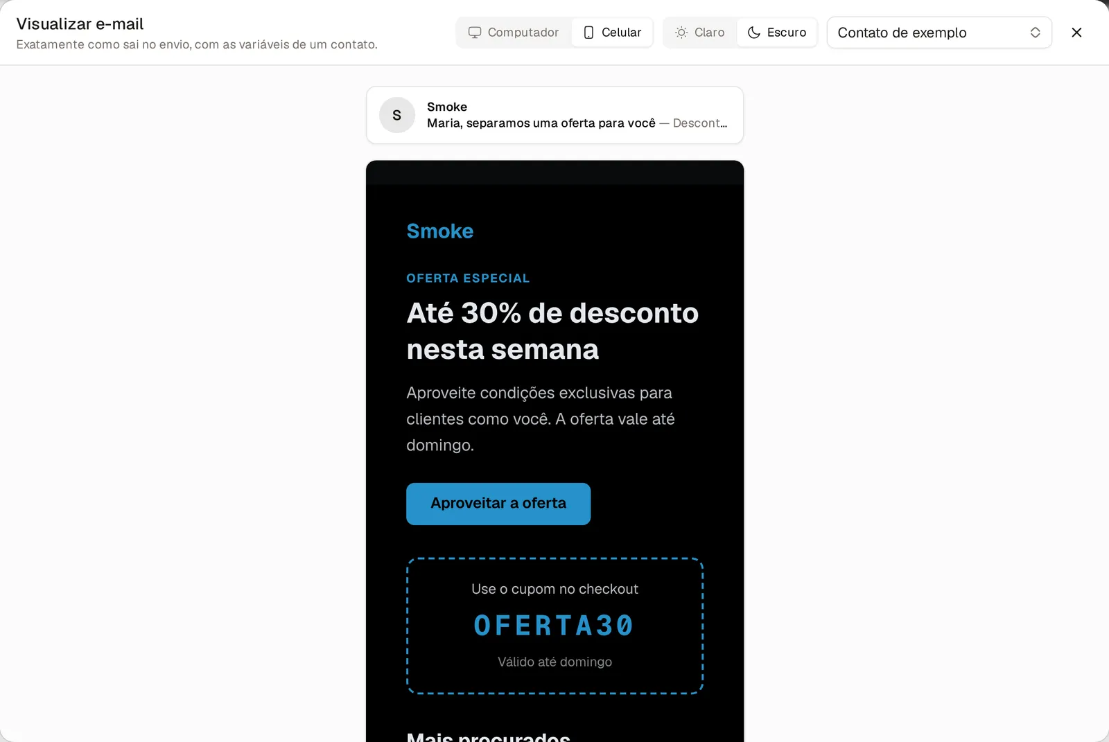 Prévia do e-mail no celular e no modo escuro, com o assunto personalizado para Maria