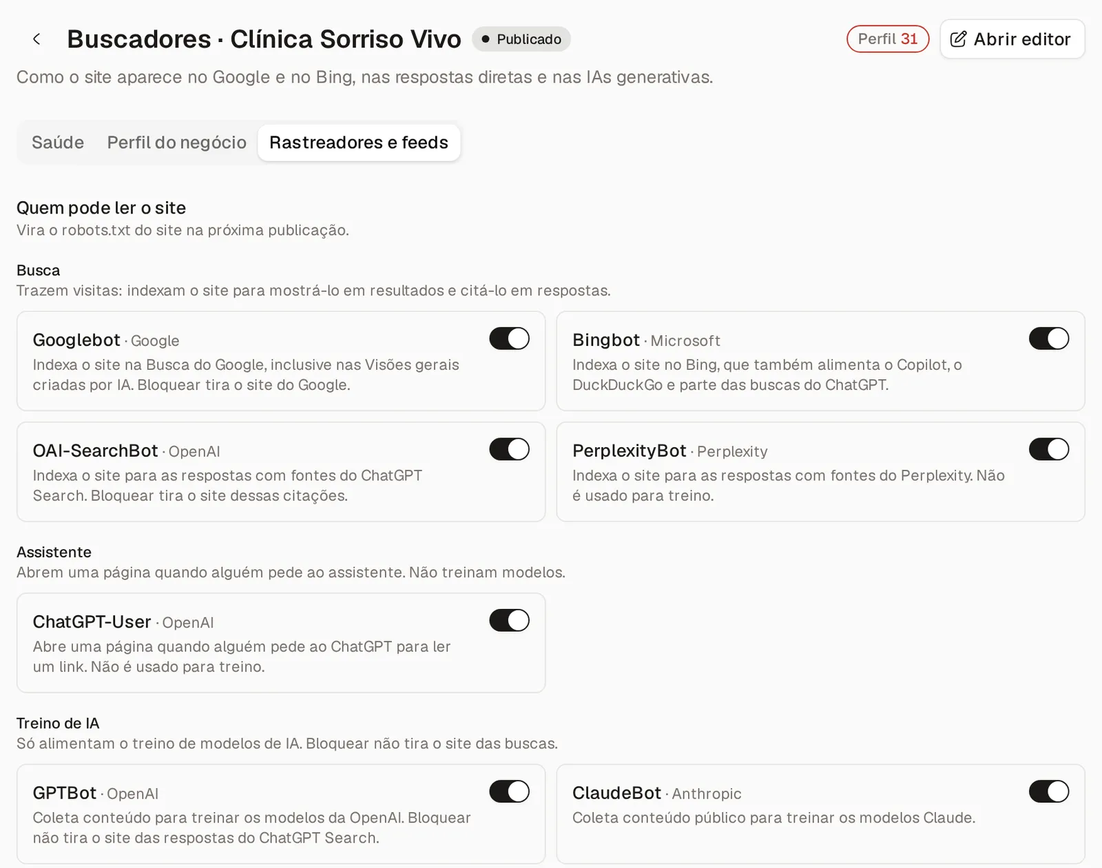 Rastreadores e feeds: Googlebot, Bingbot, OAI-SearchBot, PerplexityBot, ChatGPT-User, GPTBot e ClaudeBot, cada um com seu interruptor