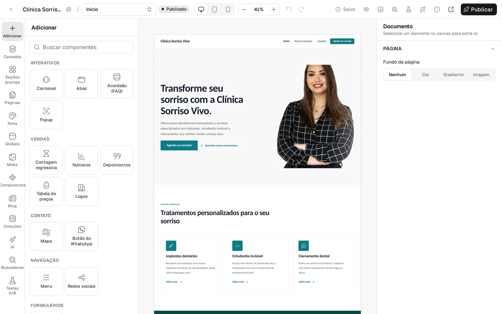 Paleta do editor com os grupos Interativos, Vendas e Contato: carrossel, abas, acordeão, popup, contagem regressiva, números, depoimentos, tabela de preços, logos, mapa e botão do WhatsApp
