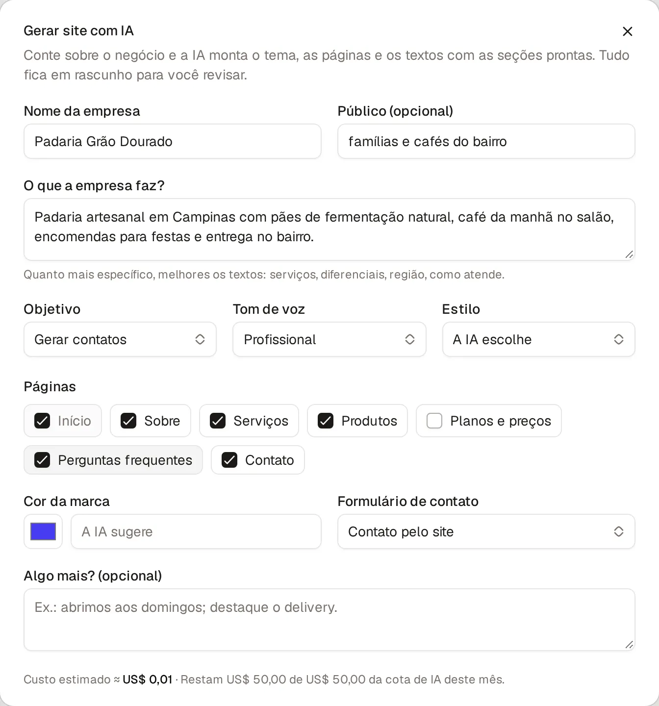 Formulário Gerar site com IA preenchido para a Padaria Grão Dourado, com objetivo, tom de voz, estilo e páginas escolhidas