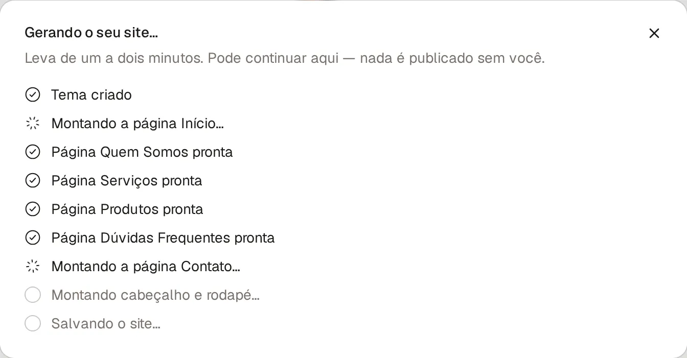 Progresso da geração: tema criado, páginas Quem Somos, Serviços, Produtos e Dúvidas Frequentes prontas, montando Início e Contato