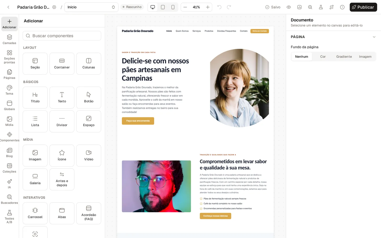Site da Padaria Grão Dourado gerado pela IA, aberto no editor