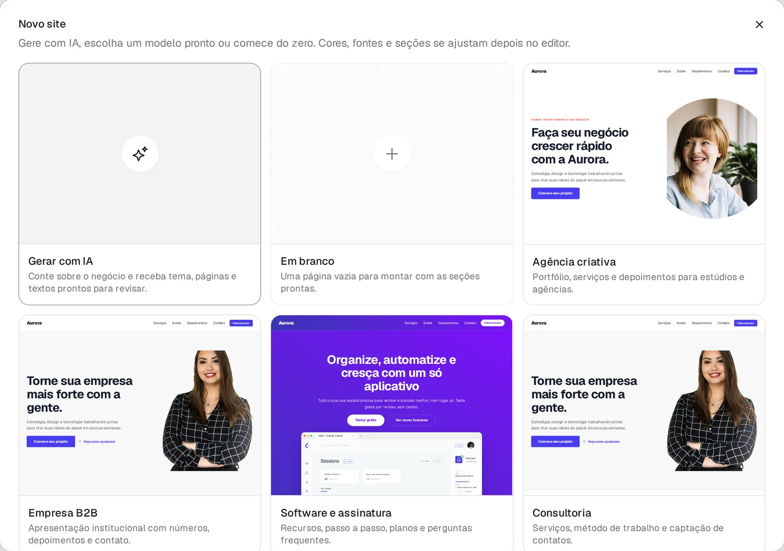 Janela Novo site com as opções Gerar com IA, Em branco e os modelos Agência criativa, Empresa B2B, Software e assinatura e Consultoria