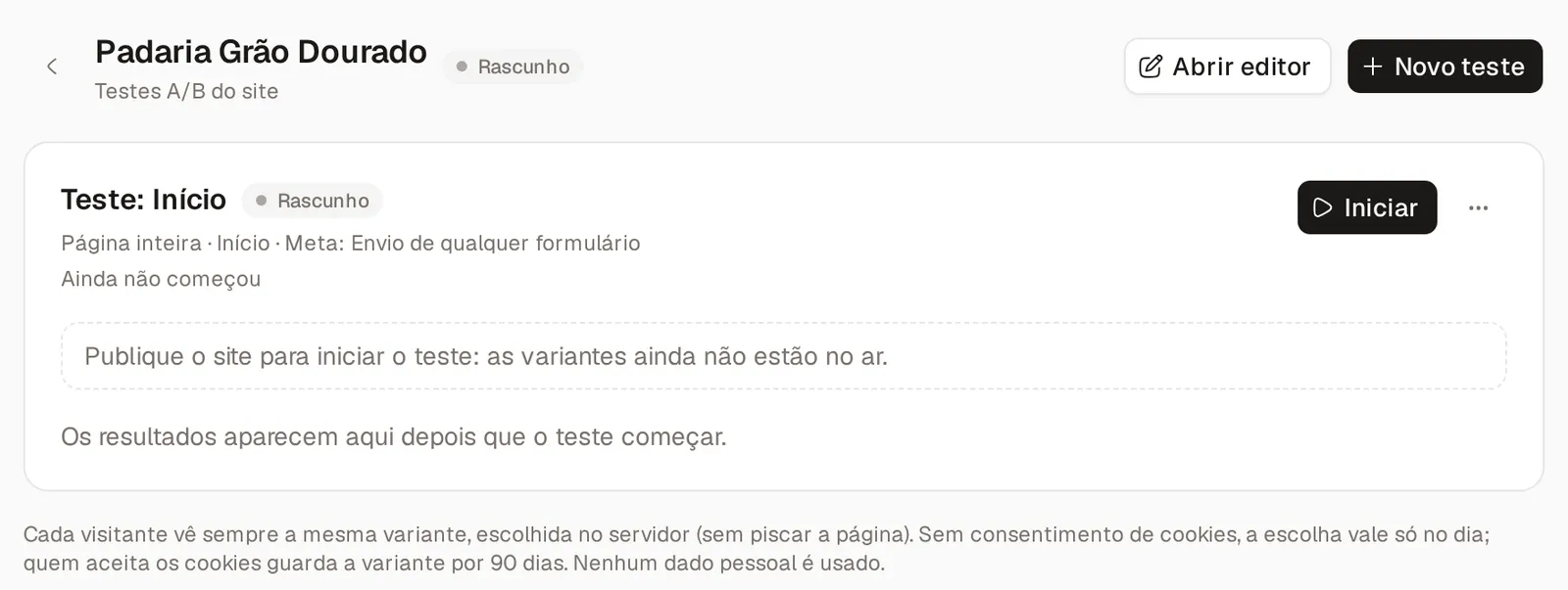 Tela Testes A/B do site com um teste de página inteira em rascunho, pronto para iniciar depois da publicação