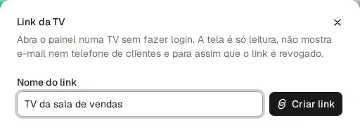 Janela Link da TV com o nome do link e o botão Criar link