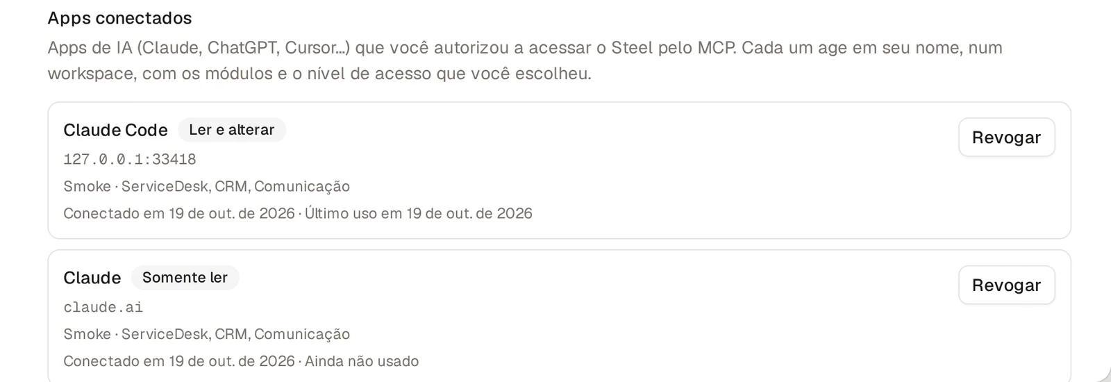 Apps conectados nas configurações do usuário, com o Claude conectado ao workspace e o botão Revogar