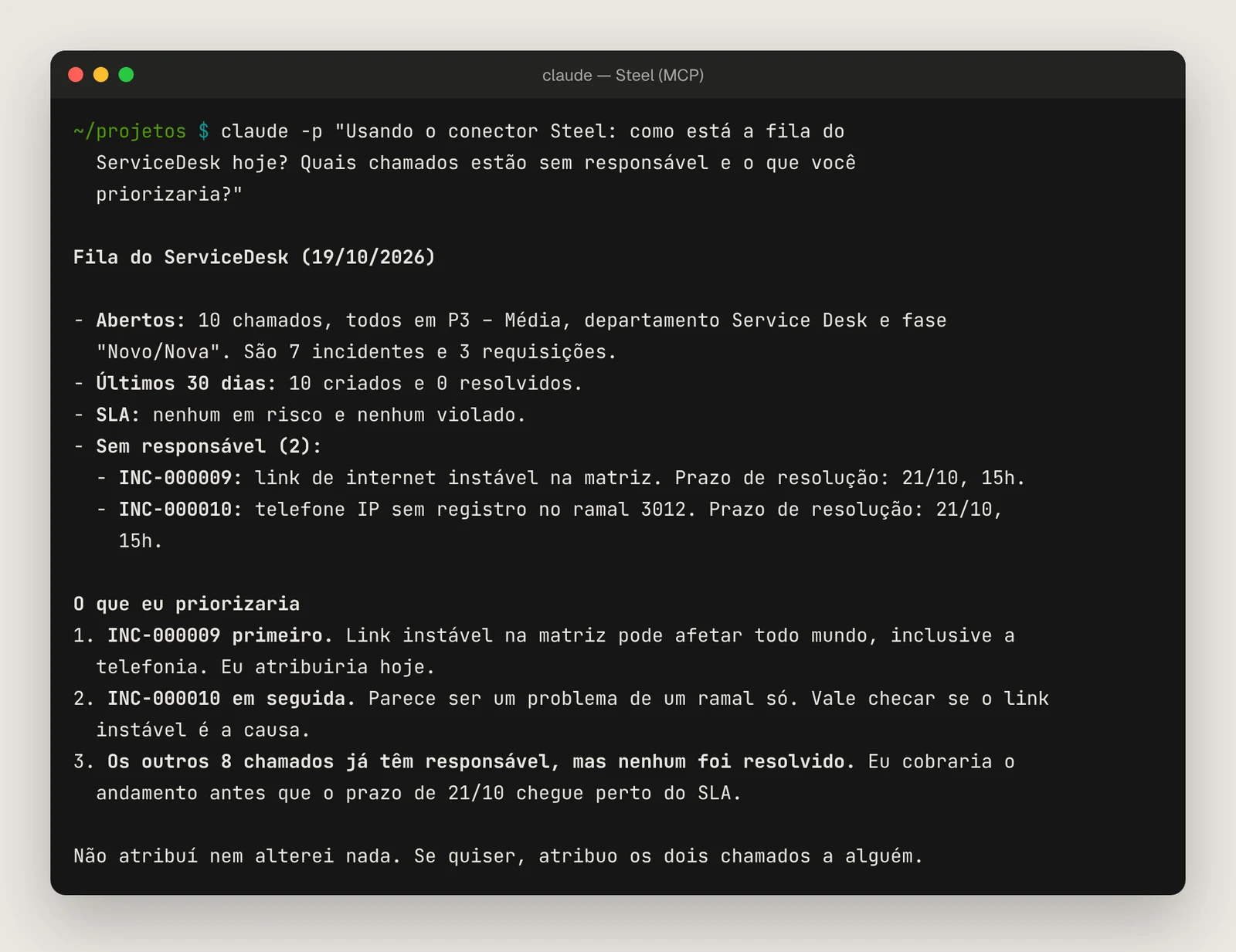 Claude Code com o conector Steel: a pergunta sobre a fila do ServiceDesk e a resposta com os chamados sem responsável e o que priorizar