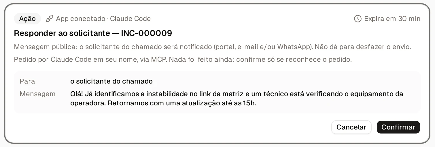 Resposta ao solicitante pedida pelo Claude Code, esperando confirmação na caixa de entrada do Steel, com os botões Cancelar e Confirmar