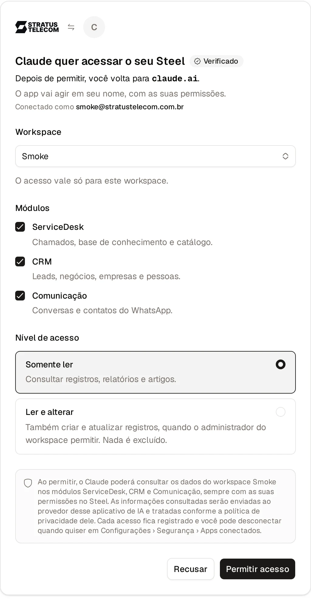 Tela de autorização do Steel com o workspace, os módulos marcados e a opção de só consultar ou consultar e alterar