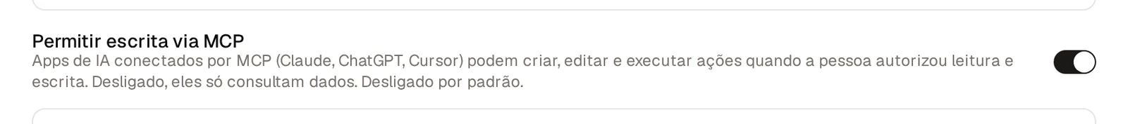 Ajustes do Steel IA com o interruptor Permitir escrita via MCP e o texto de ajuda