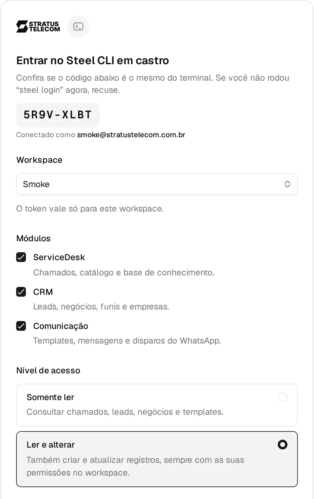 Página Entrar no Steel CLI com o código, o workspace, os módulos, o nível de acesso e a validade