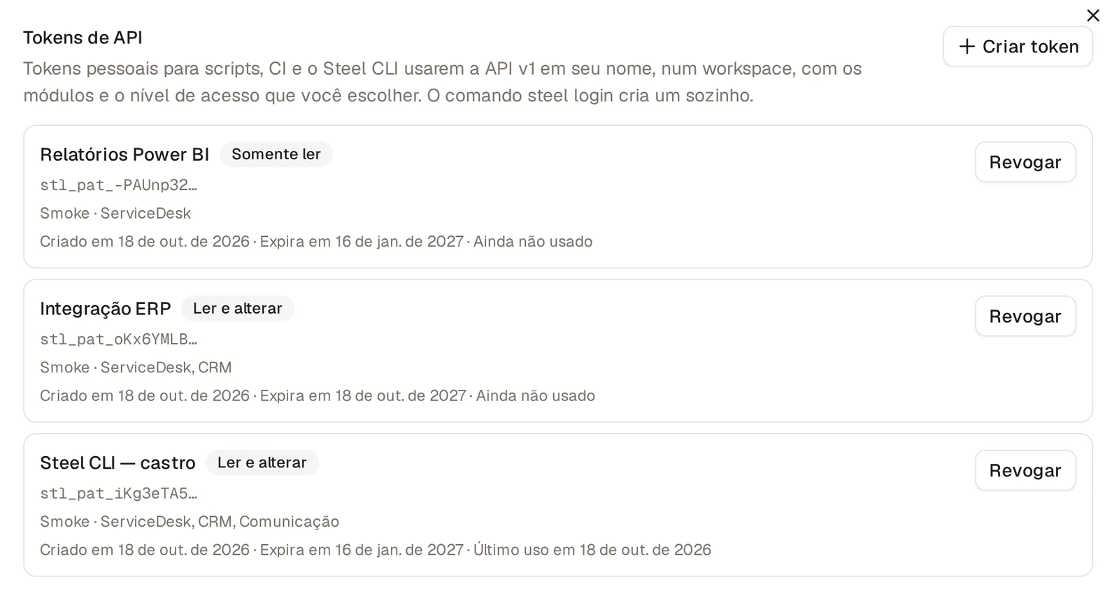 Tokens de API nas configurações do usuário, com o nome, o nível de acesso, o workspace, os módulos e o último uso de cada token