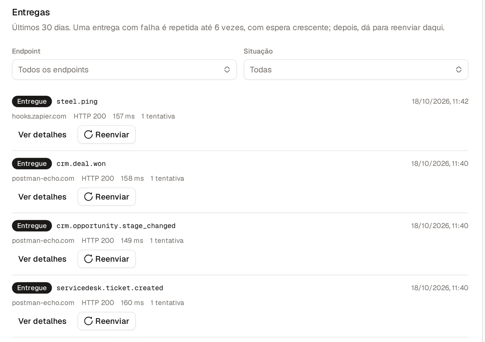 Quadro Entregas com os envios de um endpoint, a situação, o código HTTP, o tempo de resposta e o botão Reenviar