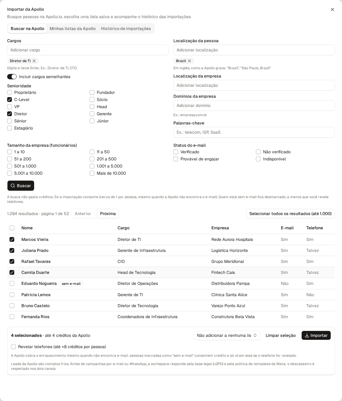 Janela Importar da Apollo no quadro de leads, com os filtros de busca e os resultados com e-mail e telefone