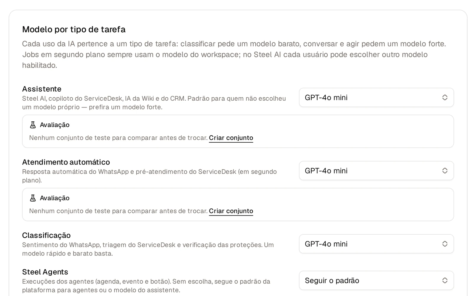 Cartão Modelo por tipo de tarefa nos ajustes da Steel IA, com o modelo de cada tipo e o atalho para criar um conjunto de avaliação