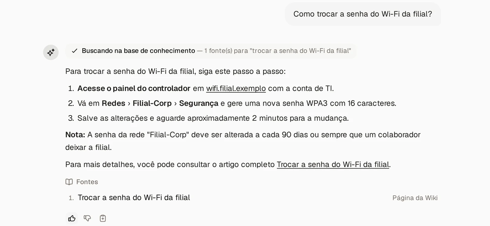 Chat da Steel AI respondendo como trocar a senha do Wi-Fi da filial, com a lista Fontes apontando para a página da Wiki e os botões de avaliação