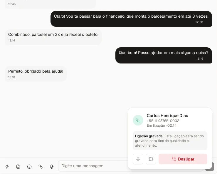 Painel do telefone no canto da tela durante uma ligação, com o tempo de conversa e os botões de silenciar, teclado e desligar