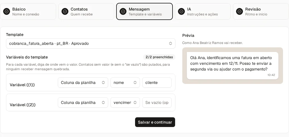 Passo Mensagem do assistente, com as variáveis do template ligadas às colunas da planilha e a prévia para o primeiro contato